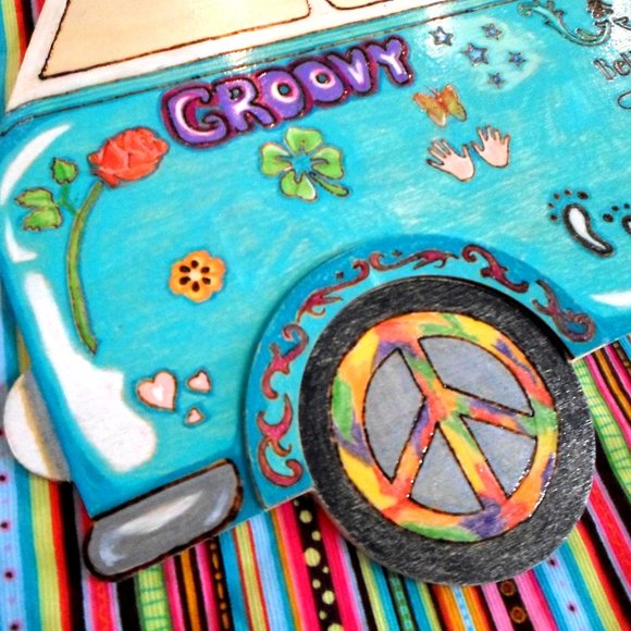 Wood Burned and Painted VW Hippie Van Wall Art Handmade One of a Kind - Picture 1 of 6